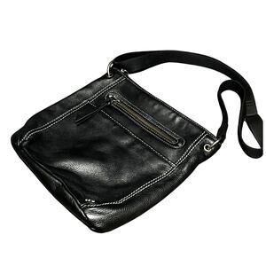 The Sak Leather Crossbody Bag Black Pebbled Adjustable Strap Zip Modern Casual